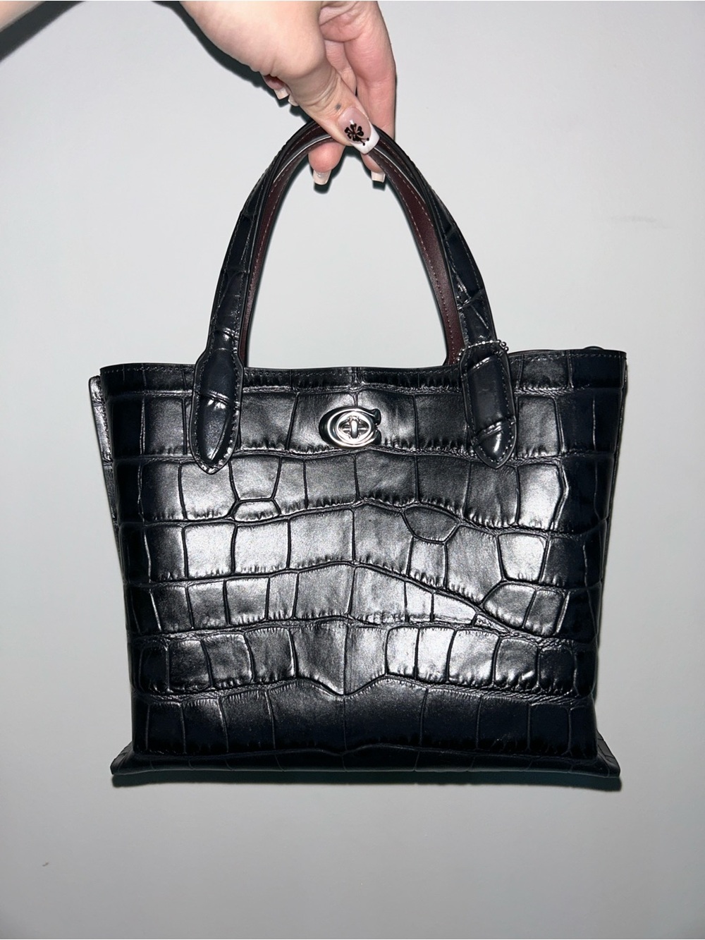 Coach Willow Tote - Black Croc-Embossed Leather Tote Bag with Dust Bag
